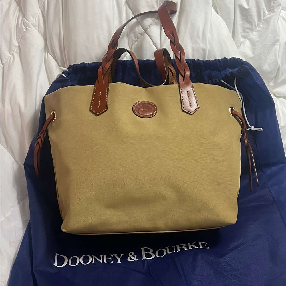Dooney & Bourke Large Canvas Shopper Neutral Tan with Leather Trim Red interior